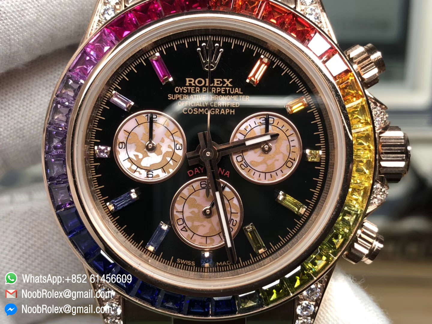 Daytona 116595RBOW Rainbow Crystal Black Dial on RG Bracelet A4130 Chronograph Function as same as Original
