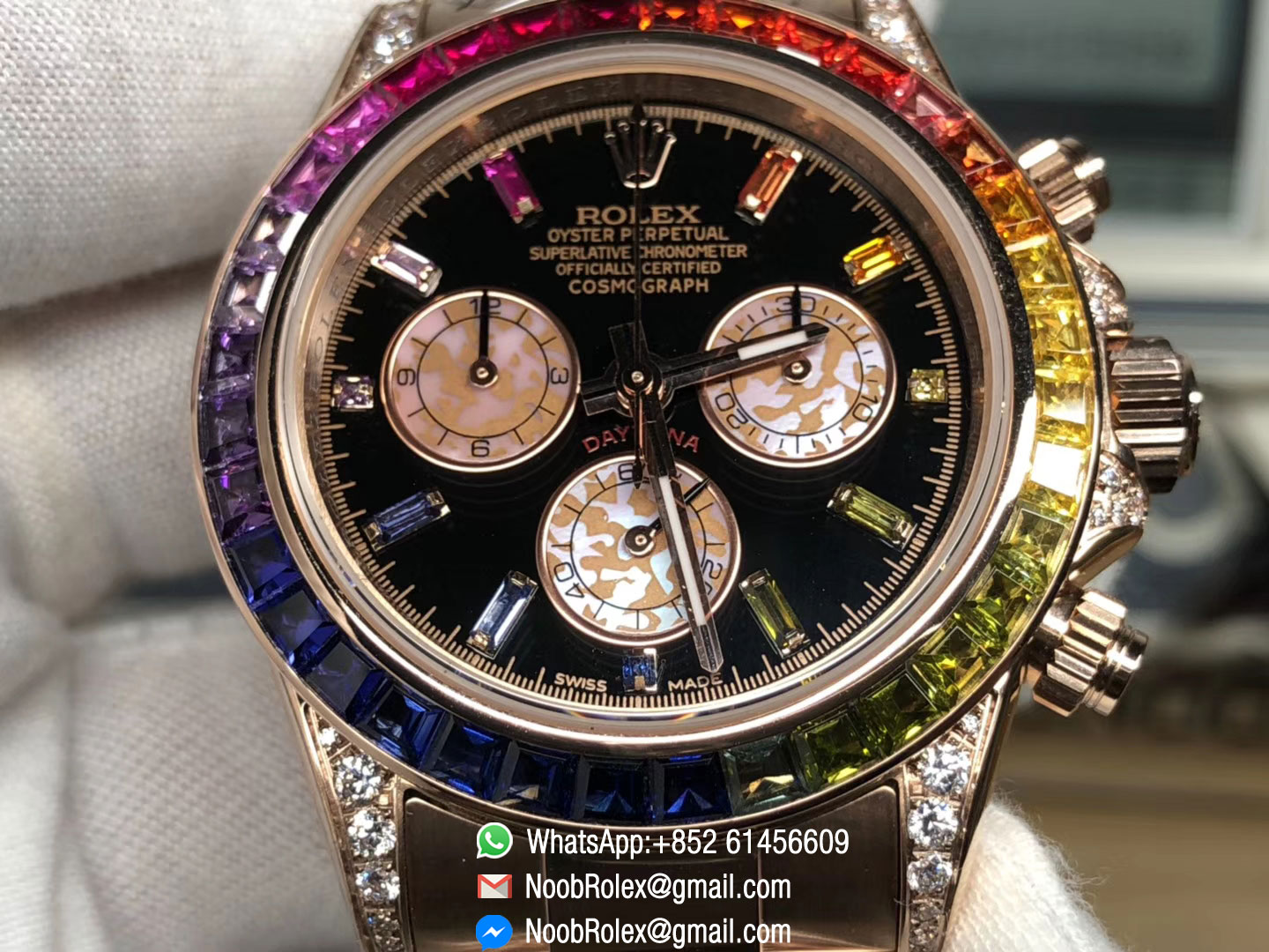Daytona 116595RBOW Rainbow Crystal Black Dial on RG Bracelet A4130 Chronograph Function as same as Original