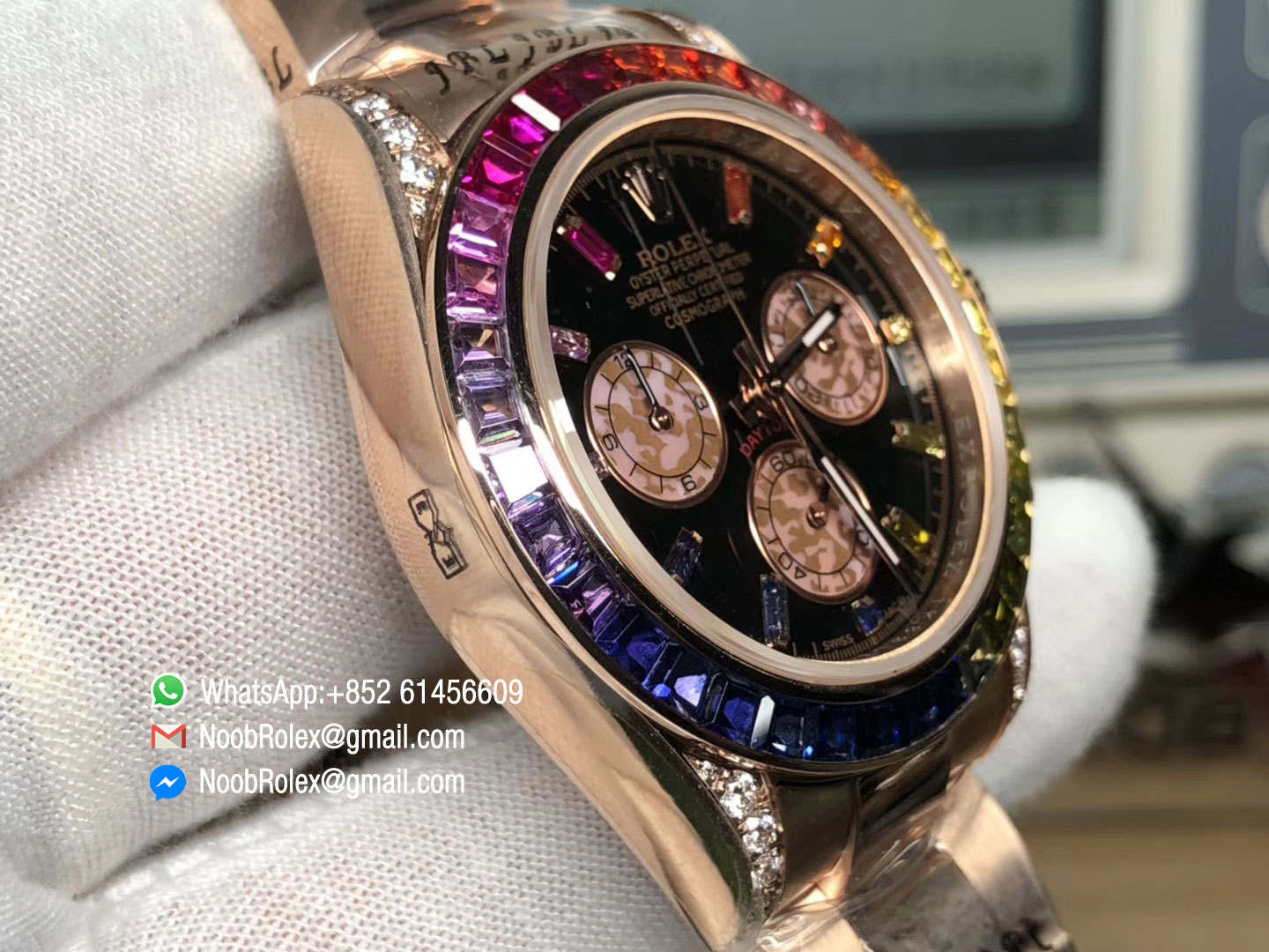 Daytona 116595RBOW Rainbow Crystal Black Dial on RG Bracelet A4130 Chronograph Function as same as Original