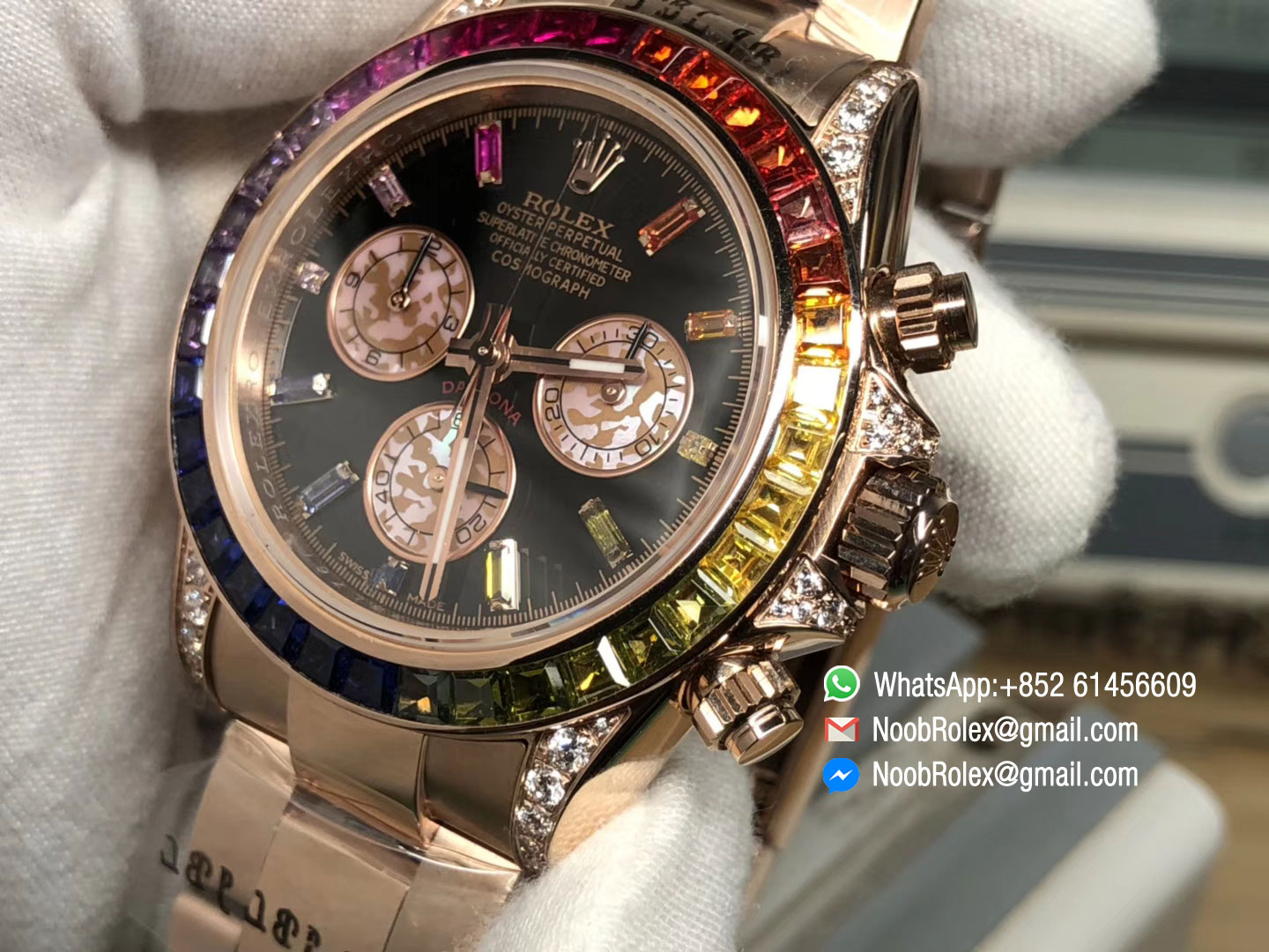 Daytona 116595RBOW Rainbow Crystal Black Dial on RG Bracelet A4130 Chronograph Function as same as Original