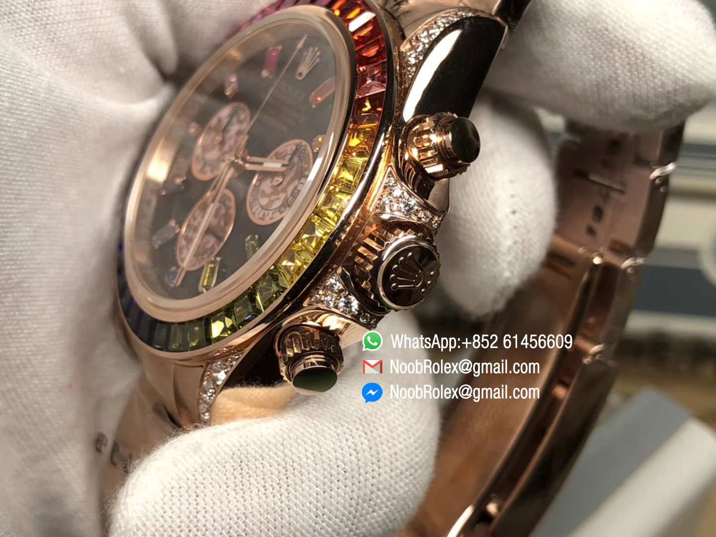 Daytona 116595RBOW Rainbow Crystal Black Dial on RG Bracelet A4130 Chronograph Function as same as Original