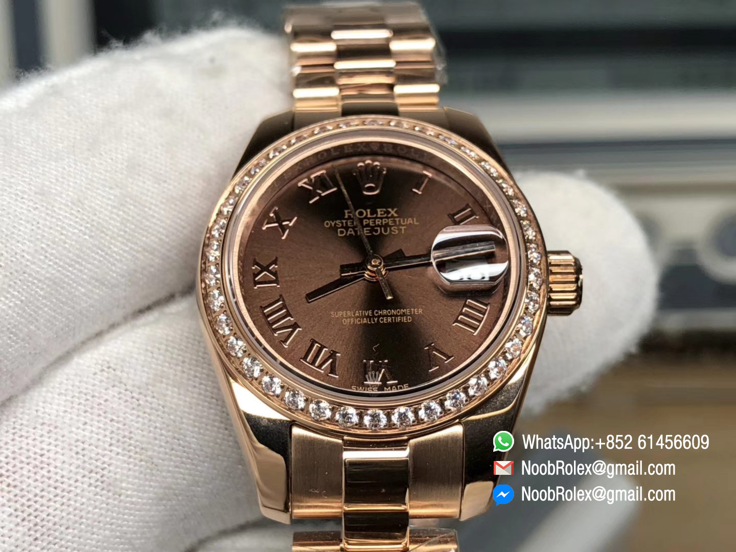 Lady-Datejust 28 Oyster Everose gold Case Chocolate and Roman Numerals Dial Diamonds Bezel Predident Bracelet 1:1 High Quality