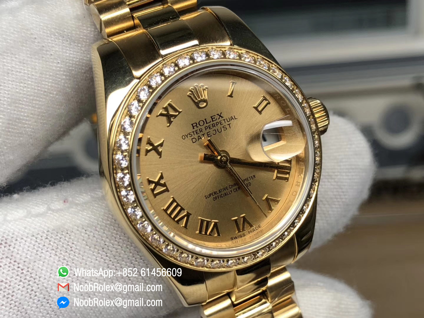 Lady-Datejust 28 Oyster Yellow Gold Case and Dial with Roman Numerals Dial Diamonds Bezel Predident Bracelet 1:1 High Quality