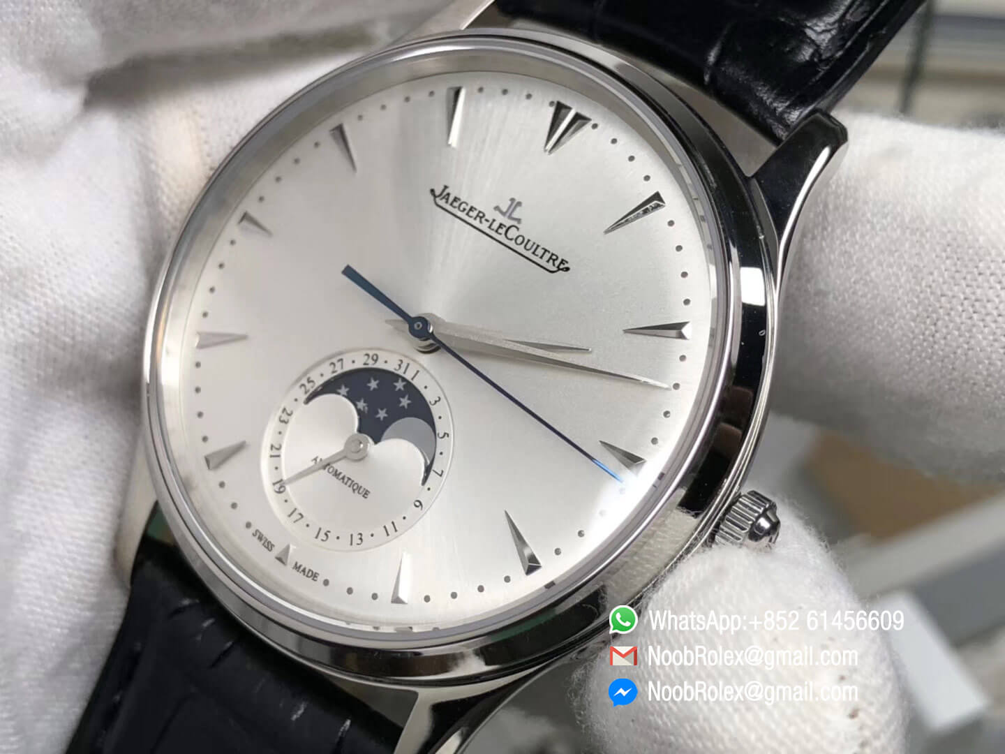 Master Ultra Thin Moon Moonphase Q1368420 Steel Case ZF High Quality Rep Watch White Dial on Black Leather Strap A925