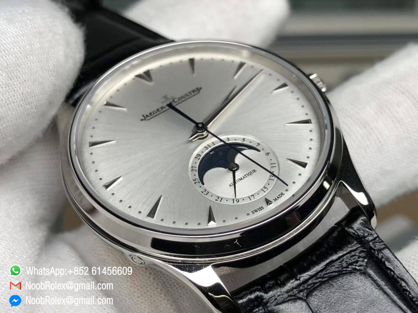 Master Ultra Thin Moon Moonphase Q1368420 Steel Case ZF High Quality Rep Watch White Dial on Black Leather Strap A925