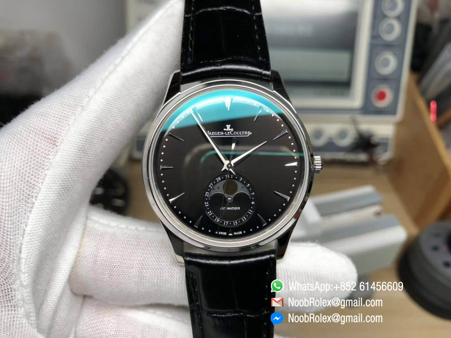 Master Ultra Thin Moon Moonphase Q1368470 Steel Case ZF 1:1 High Quality Black Dial on Black Leather Strap A925