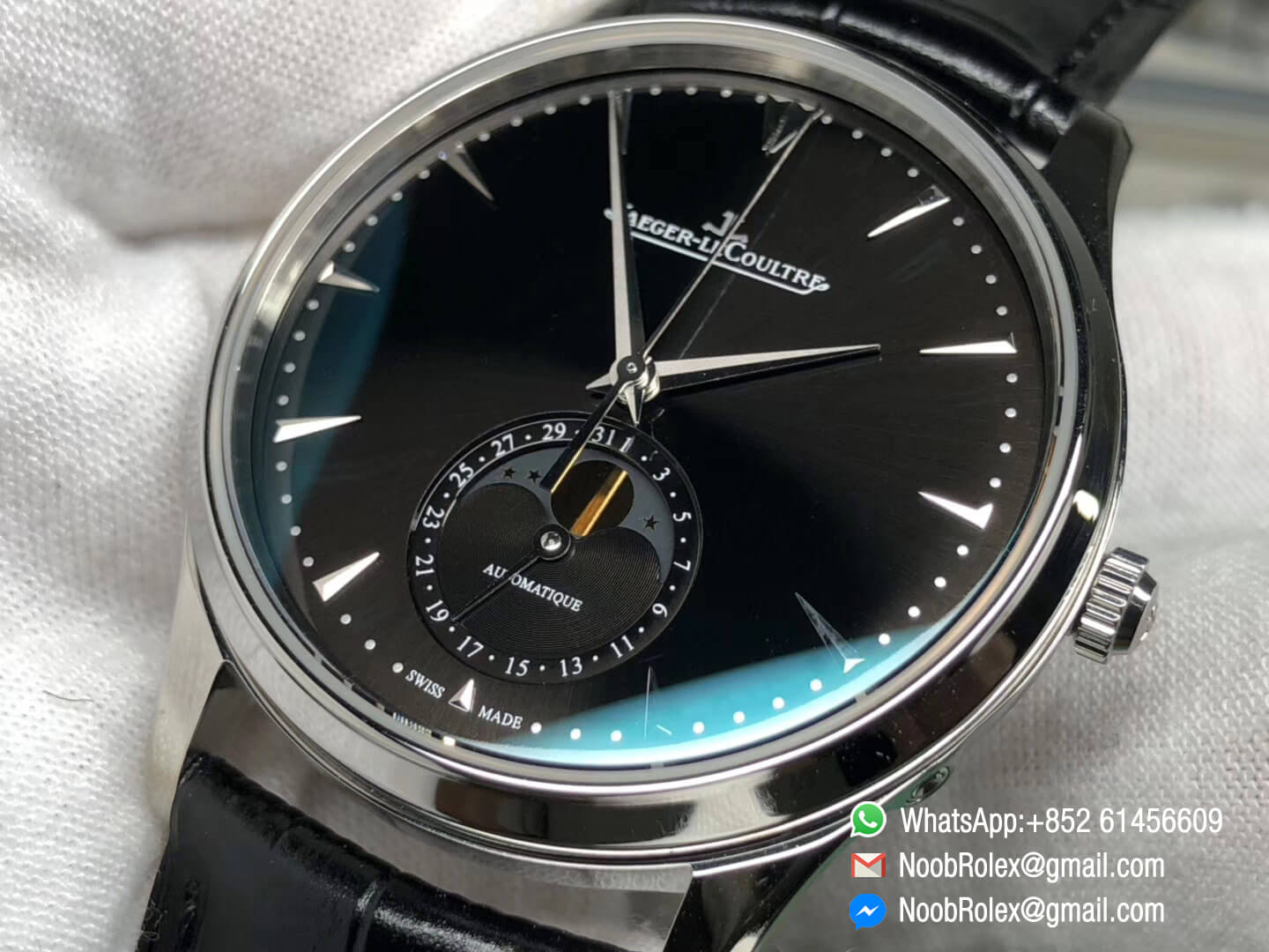Master Ultra Thin Moon Moonphase Q1368470 Steel Case ZF 1:1 High Quality Black Dial on Black Leather Strap A925