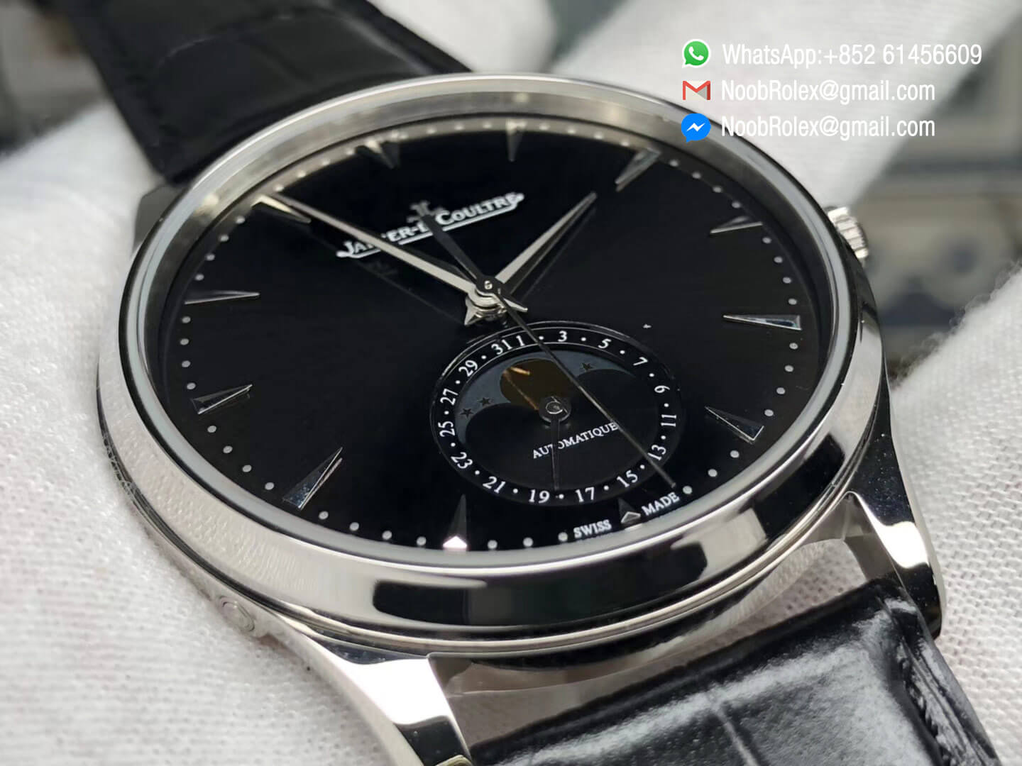 Master Ultra Thin Moon Moonphase Q1368470 Steel Case ZF 1:1 High Quality Black Dial on Black Leather Strap A925