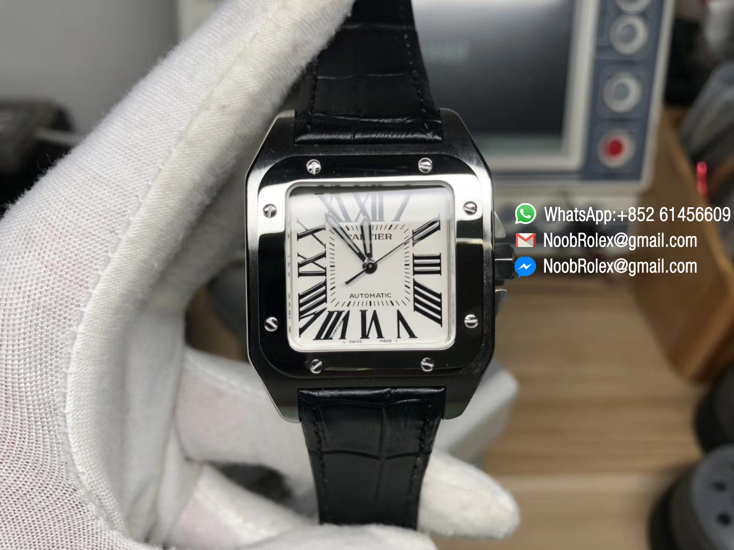 Santos 100 33mm Lady Watch Stainless Steel Case KZF Best Edition White Dial on Black Leather Strap SEIKO NH05A