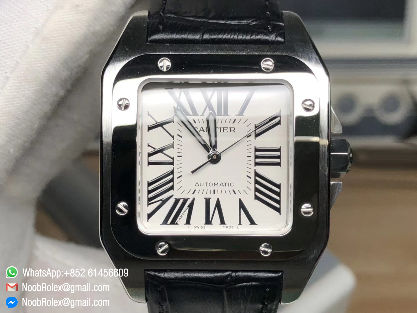 Santos 100 33mm Lady Watch Stainless Steel Case KZF Best Edition White Dial on Black Leather Strap SEIKO NH05A