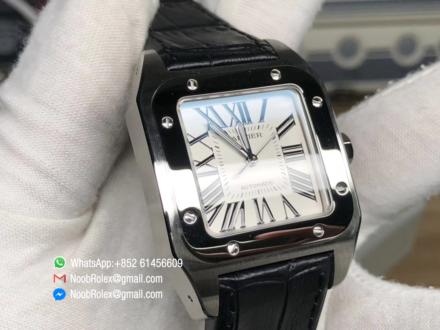 Santos 100 33mm Lady Watch Stainless Steel Case KZF Best Edition White Dial on Black Leather Strap SEIKO NH05A