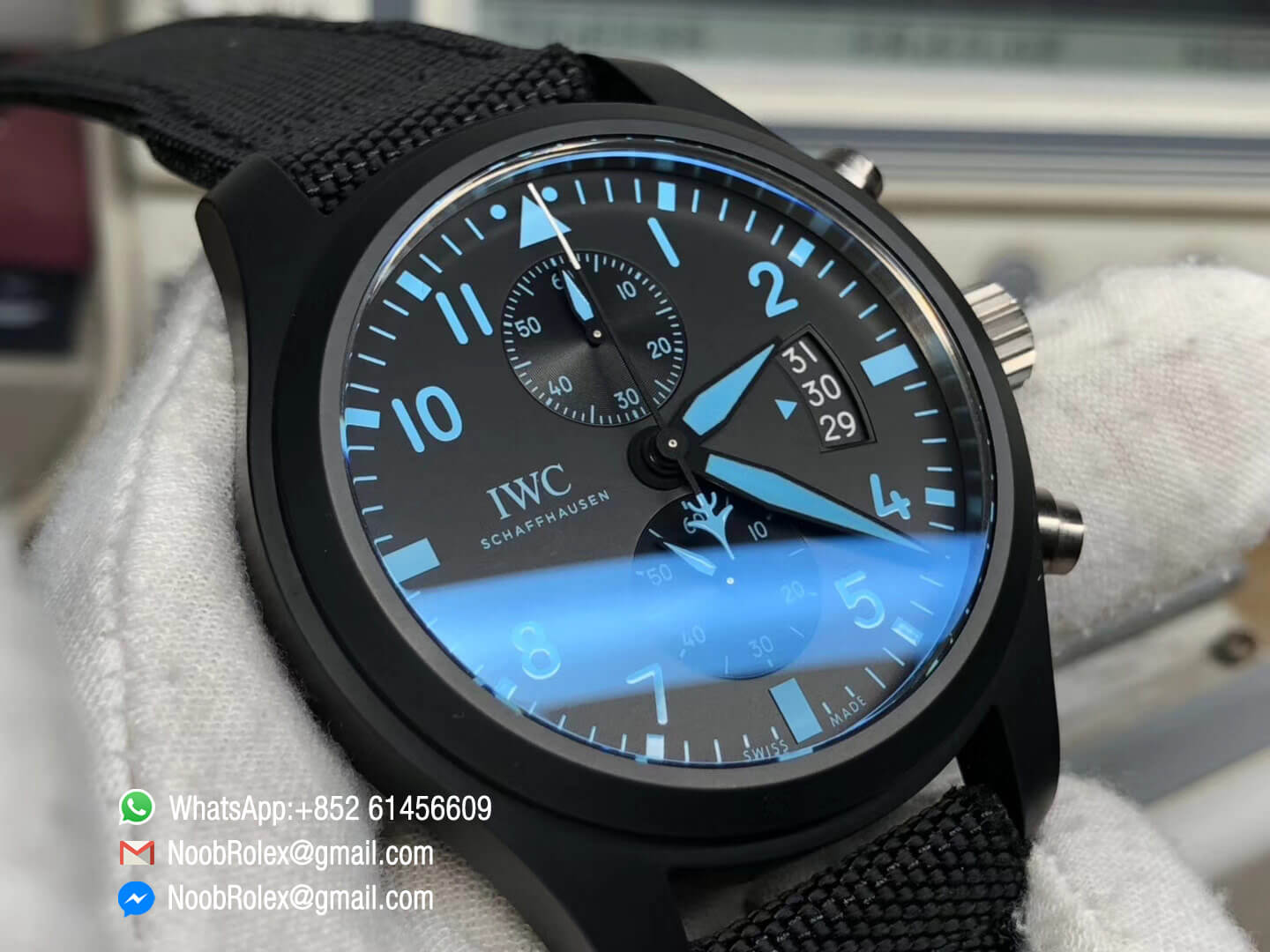 Schaffhausen Pilot Chronograph IW388003 Real Ceramic Case Black Case Black Dial with Blue Hand Nylon Strap A7750 ZF 1:1 Top Quality