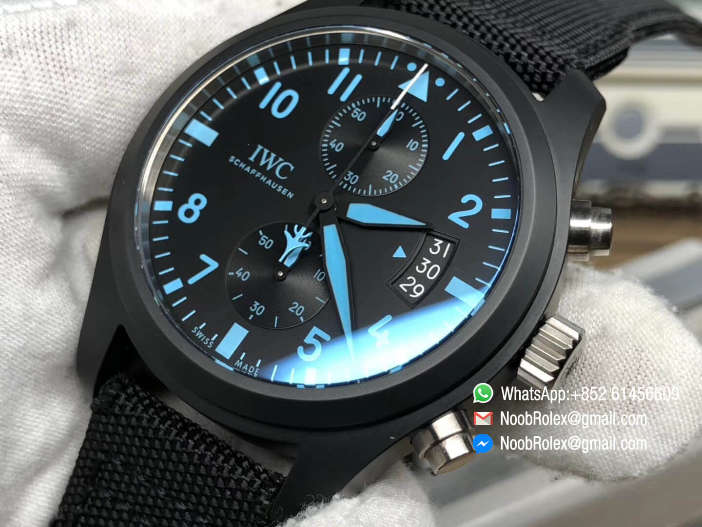 Schaffhausen Pilot Chronograph IW388003 Real Ceramic Case Black Case Black Dial with Blue Hand Nylon Strap A7750 ZF 1:1 Top Quality
