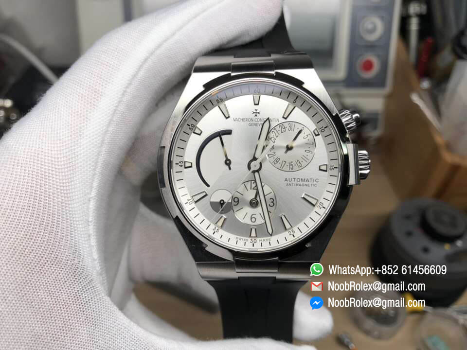 Overseas Dual Time Watch 47450/B01A-9226 Power Reserve Steel Case 1:1 Top Clone Edition Silver Dial on Black Rubber Strap A1222