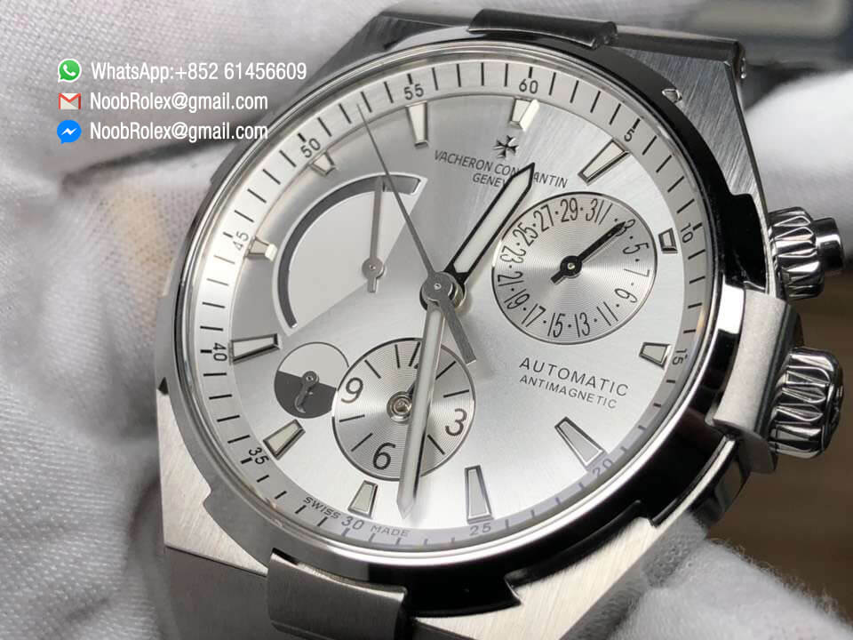 Overseas Dual Time Watch 47450/B01A-9226 Power Reserve Steel Case 1:1 Top Clone Edition Silver Dial on Black Rubber Strap A1222