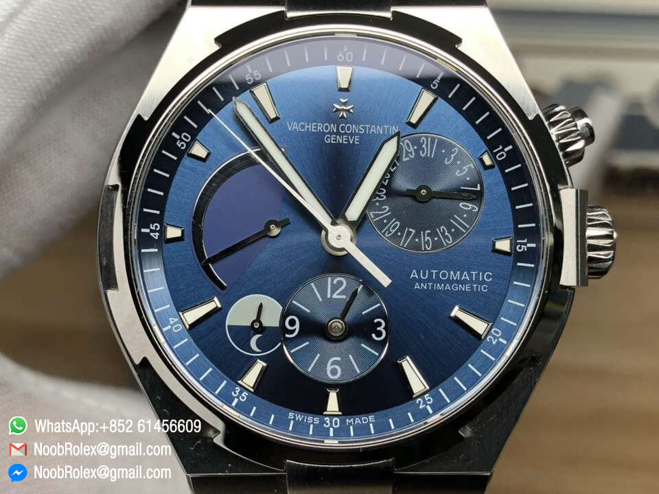 Overseas Dual Time Watch 47450/000A-9039 Power Reserve Steel Case 1:1 Top Clone Quality Blue Dial on Blue Rubber Strap A1222