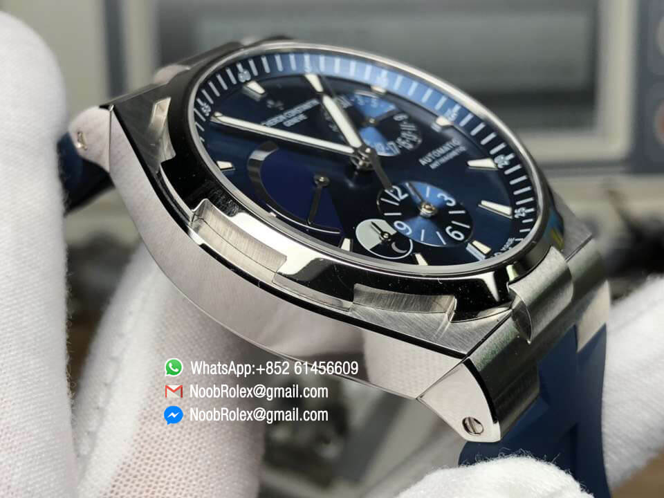 Overseas Dual Time Watch 47450/000A-9039 Power Reserve Steel Case 1:1 Top Clone Quality Blue Dial on Blue Rubber Strap A1222