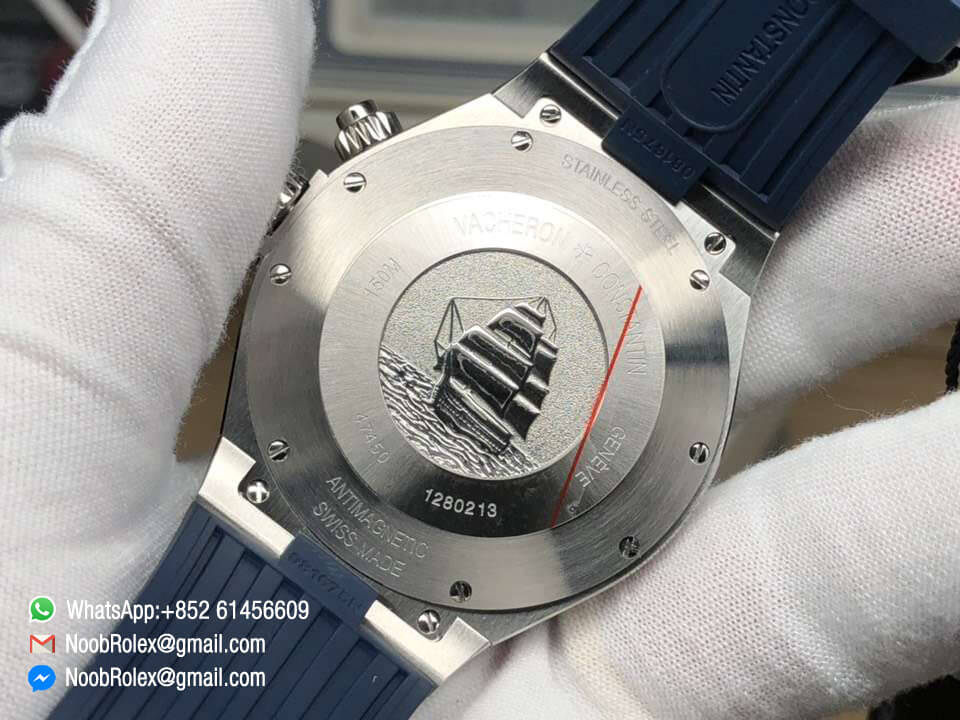 Overseas Dual Time Watch 47450/000A-9039 Power Reserve Steel Case 1:1 Top Clone Quality Blue Dial on Blue Rubber Strap A1222