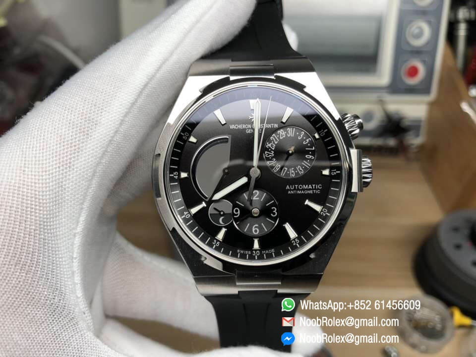 Overseas Dual Time Watch 47450/000W-9511 Power Reserve Steel Case 1:1 Top Clone Quality Black Dial on Black Rubber Strap A1222