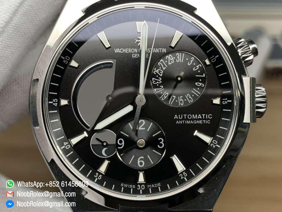 Overseas Dual Time Watch 47450/000W-9511 Power Reserve Steel Case 1:1 Top Clone Quality Black Dial on Black Rubber Strap A1222