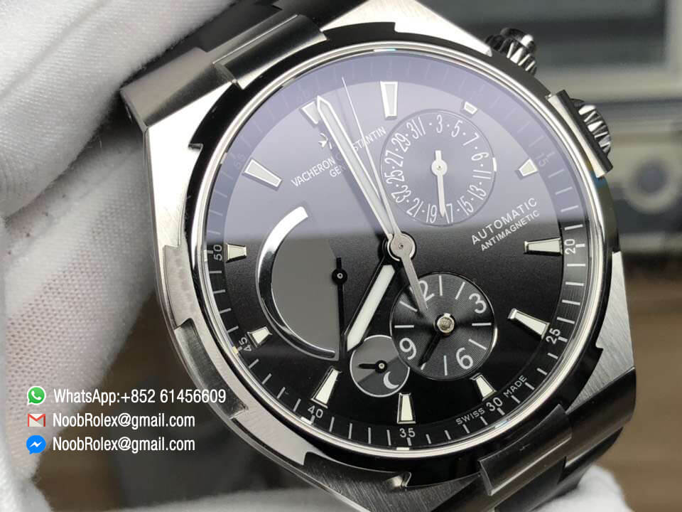 Overseas Dual Time Watch 47450/000W-9511 Power Reserve Steel Case 1:1 Top Clone Quality Black Dial on Black Rubber Strap A1222