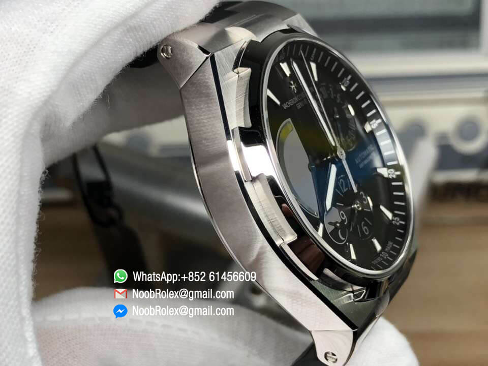 Overseas Dual Time Watch 47450/000W-9511 Power Reserve Steel Case 1:1 Top Clone Quality Black Dial on Black Rubber Strap A1222