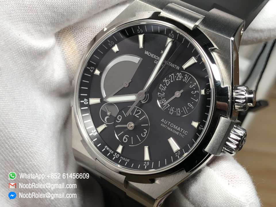 Overseas Dual Time Watch 47450/000W-9511 Power Reserve Steel Case 1:1 Top Clone Quality Black Dial on Black Rubber Strap A1222