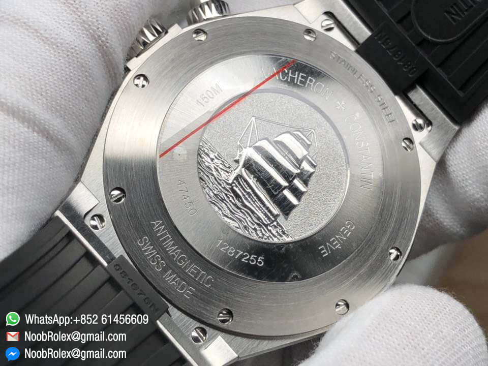 Overseas Dual Time Watch 47450/000W-9511 Power Reserve Steel Case 1:1 Top Clone Quality Black Dial on Black Rubber Strap A1222