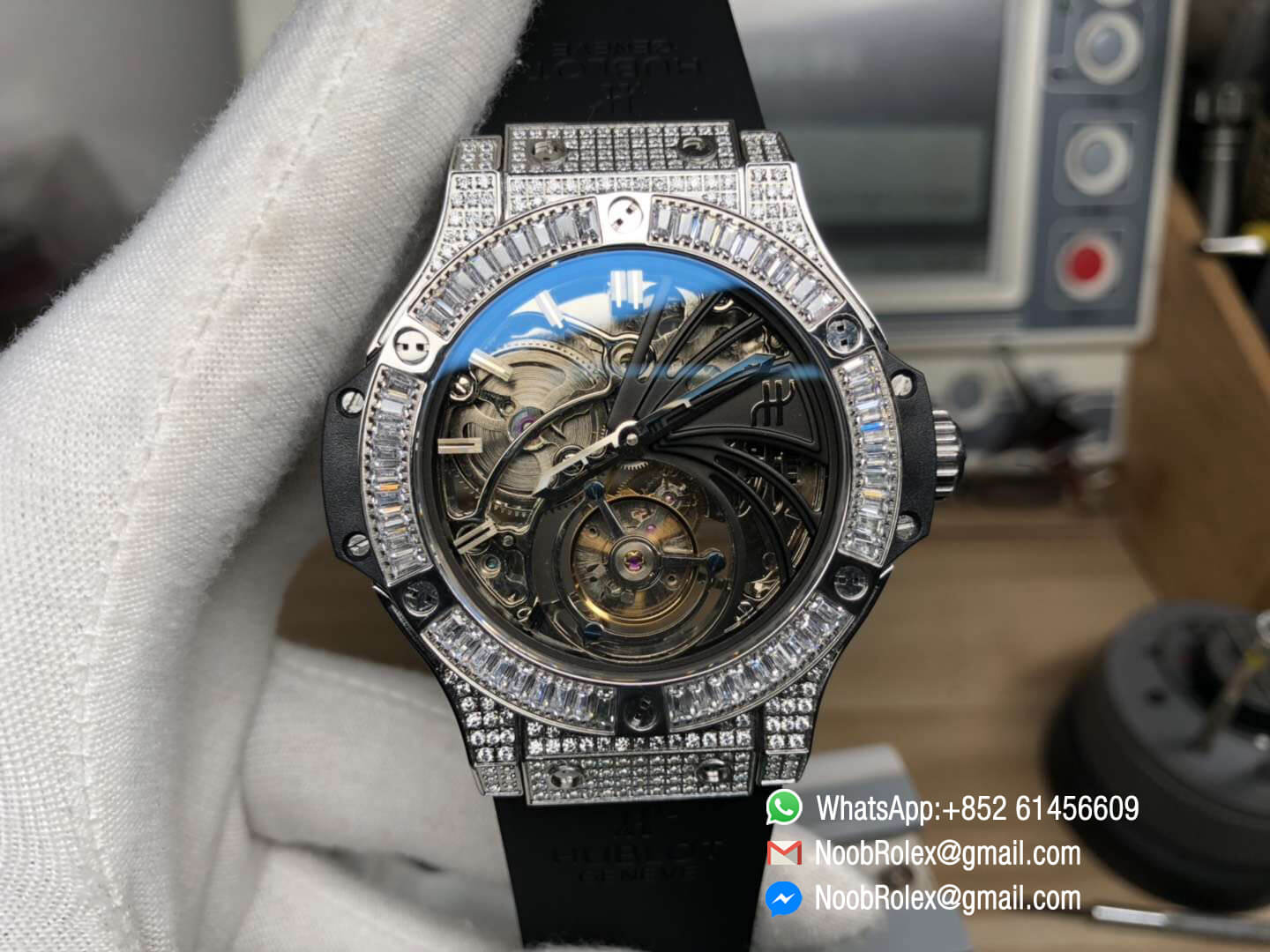 Big Bang Skeleton Tourbillon Full Diamonds in set on Stainless Steel Case Diamonds Bezel on Black Rubber Strap