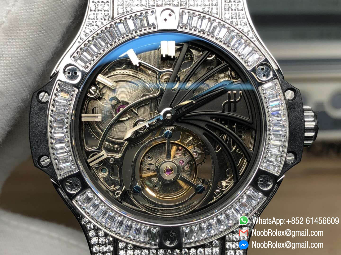 Big Bang Skeleton Tourbillon Full Diamonds in set on Stainless Steel Case Diamonds Bezel on Black Rubber Strap