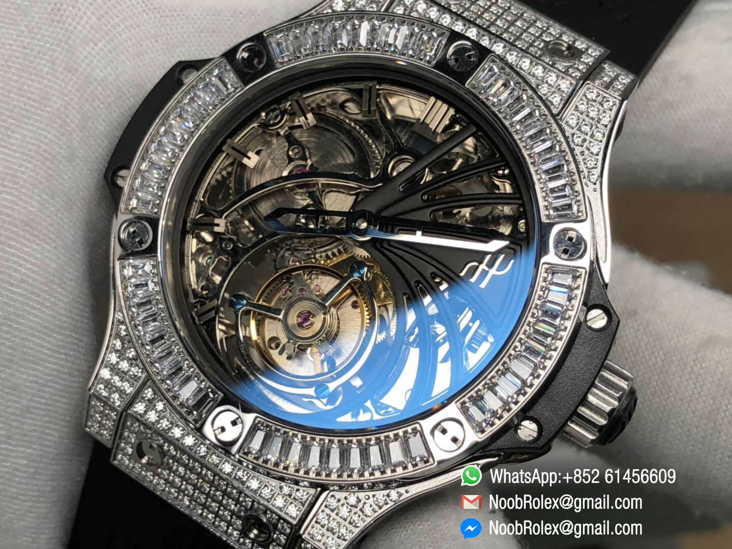 Big Bang Skeleton Tourbillon Full Diamonds in set on Stainless Steel Case Diamonds Bezel on Black Rubber Strap
