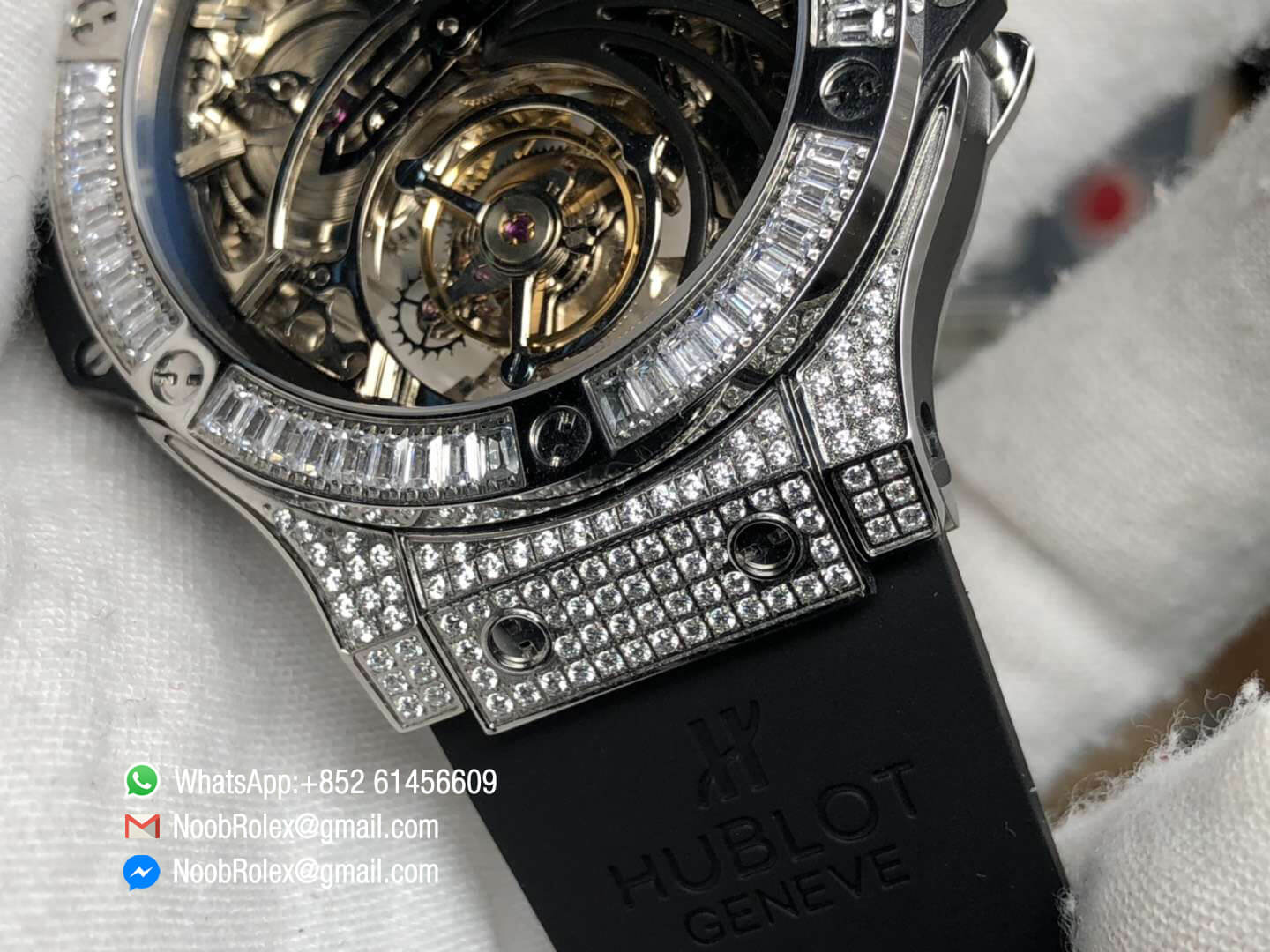 Big Bang Skeleton Tourbillon Full Diamonds in set on Stainless Steel Case Diamonds Bezel on Black Rubber Strap