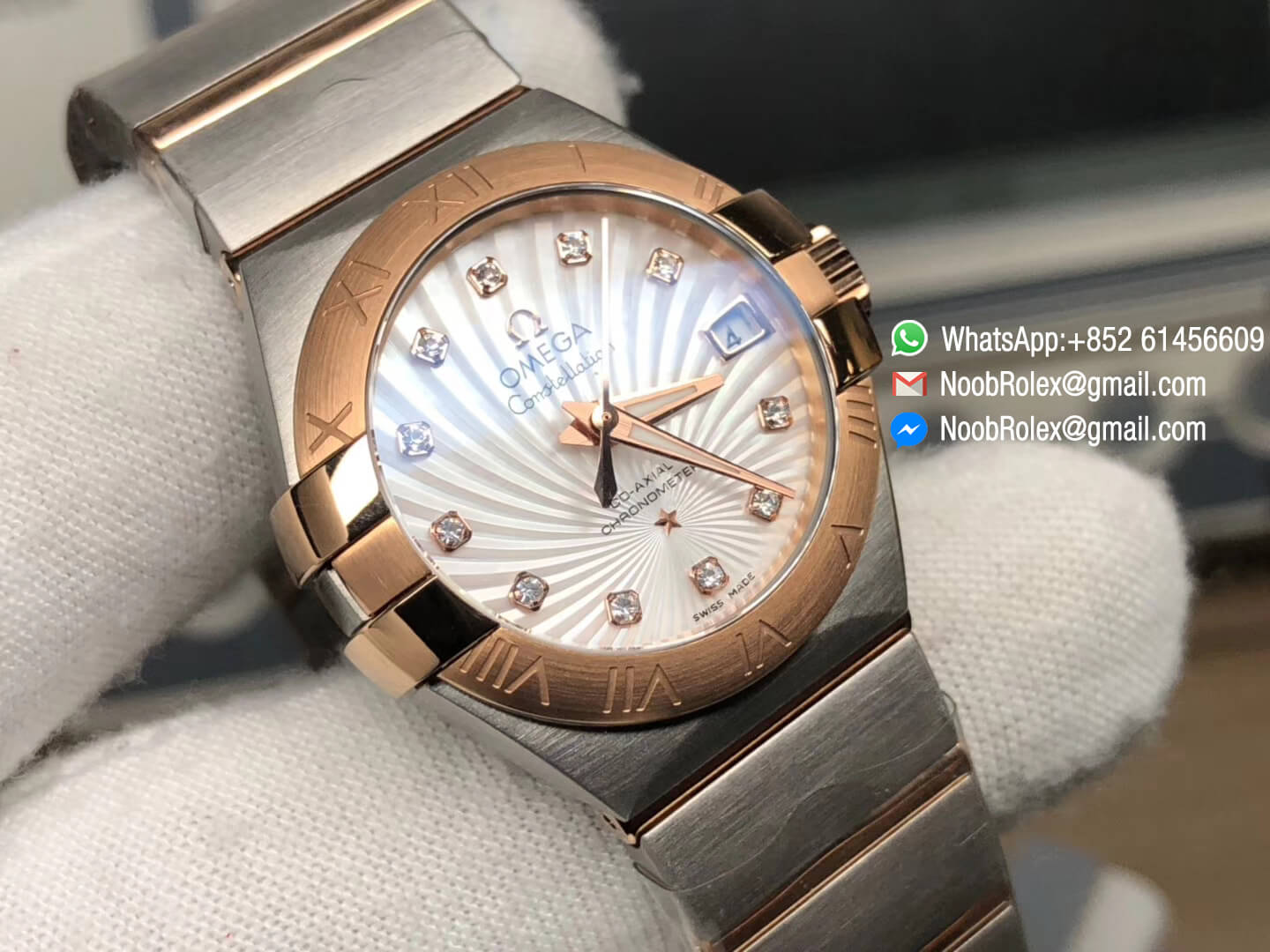 Constellation-Ladies-Rose-Gold-Case-Mop-Textured-Dial-Diamonds-Markers-on-Stainless-Steel-&-Rose-Gold-Two-Tone-Bracelet-A8520-V6F-Top-Fake-Watch