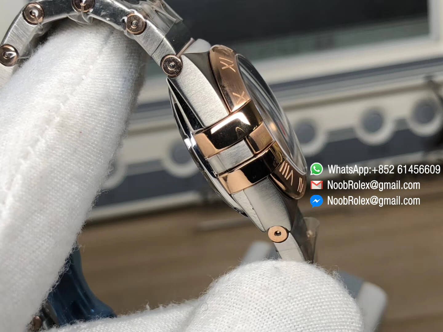 Constellation-Ladies-Rose-Gold-Case-Mop-Textured-Dial-Diamonds-Markers-on-Stainless-Steel-&-Rose-Gold-Two-Tone-Bracelet-A8520-V6F-Top-Fake-Watch