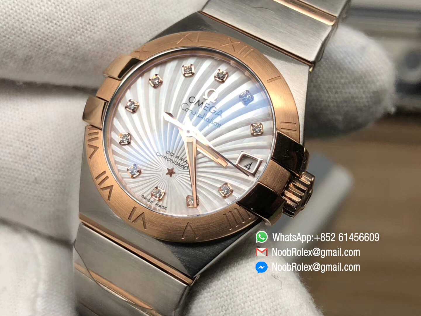 Constellation-Ladies-Rose-Gold-Case-Mop-Textured-Dial-Diamonds-Markers-on-Stainless-Steel-&-Rose-Gold-Two-Tone-Bracelet-A8520-V6F-Top-Fake-Watch