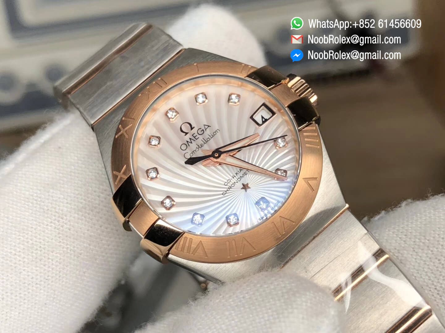 Constellation-Ladies-Rose-Gold-Case-Mop-Textured-Dial-Diamonds-Markers-on-Stainless-Steel-&-Rose-Gold-Two-Tone-Bracelet-A8520-V6F-Top-Fake-Watch