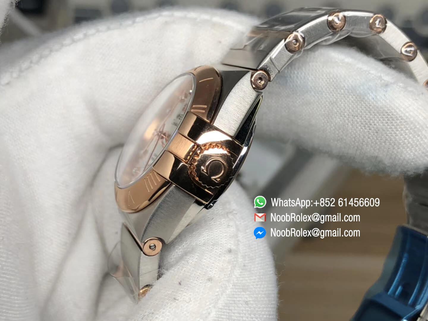 Constellation-Ladies-Rose-Gold-Case-Mop-Textured-Dial-Diamonds-Markers-on-Stainless-Steel-&-Rose-Gold-Two-Tone-Bracelet-A8520-V6F-Top-Fake-Watch