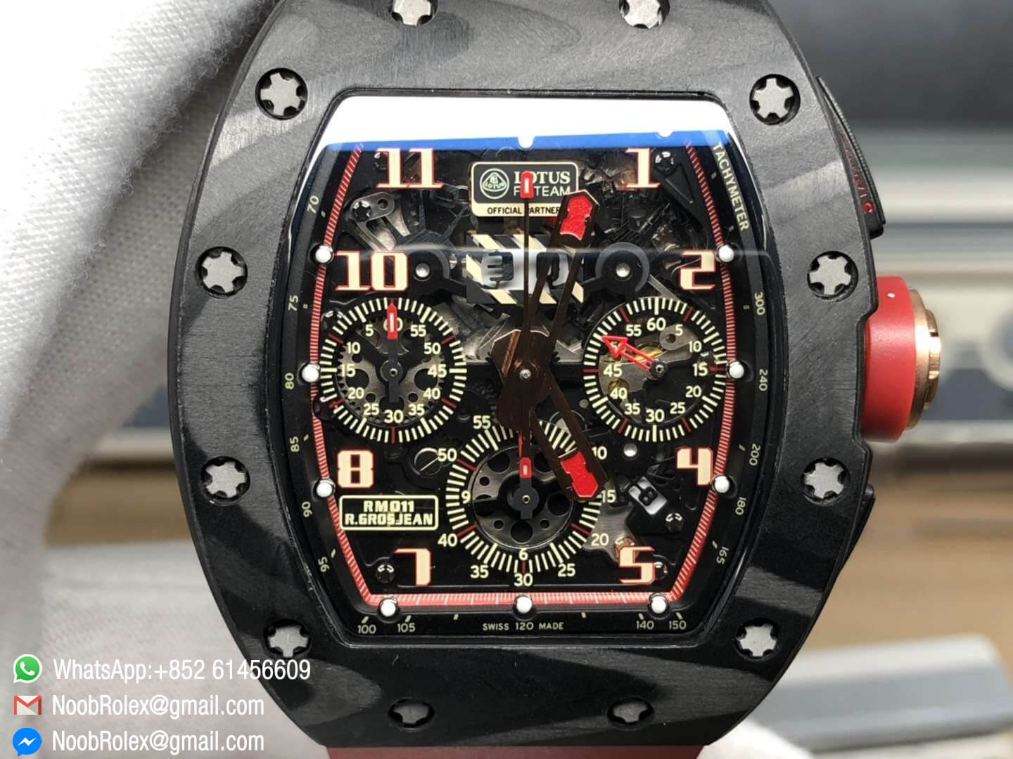 RM011 R.GROSJEAN FELIPE MASSA Lotus F1 Team Limitied Edition Carbon Case Chronograph KVF 1:1 Best Edition Crystal Skeleton Dial Red on Red Rubber Strap A7750