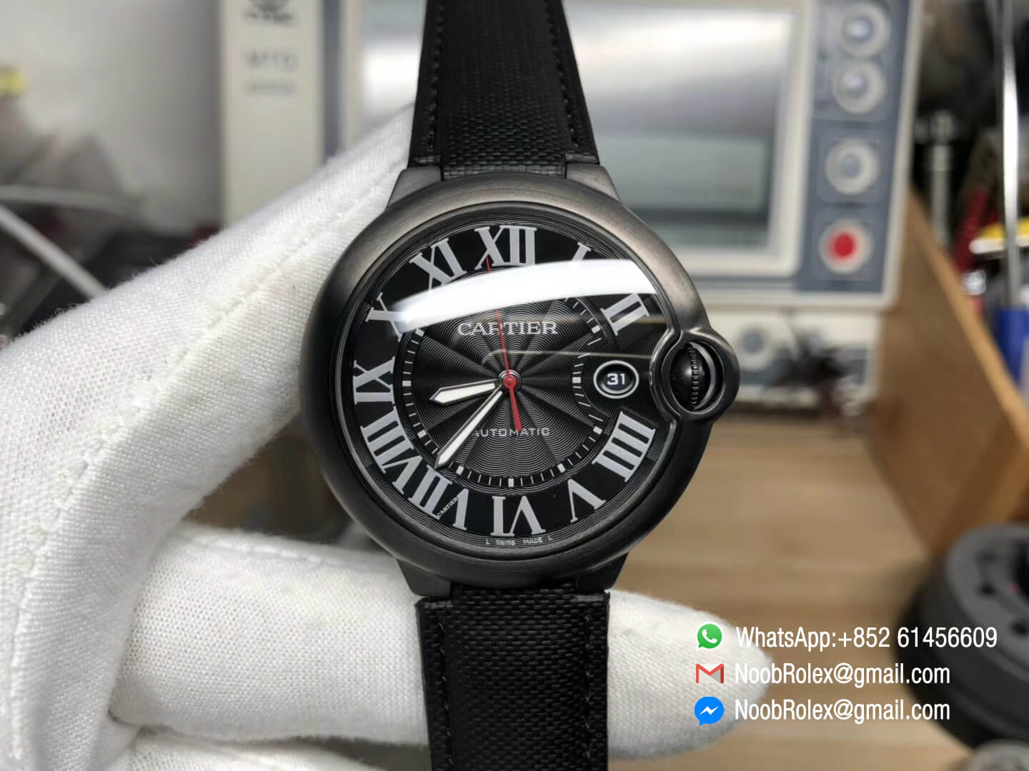 Ballon Bleu 42mm Watch WSBB0015 PVD Plated Case & Black Texture Dial Red Second hander on Black Nylon Strap A2892 AF Best Edition