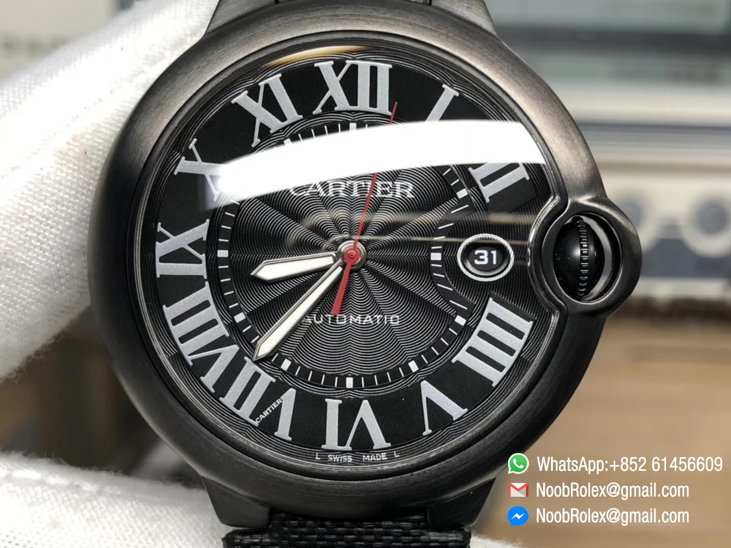 Ballon Bleu 42mm Watch WSBB0015 PVD Plated Case & Black Texture Dial Red Second hander on Black Nylon Strap A2892 AF Best Edition