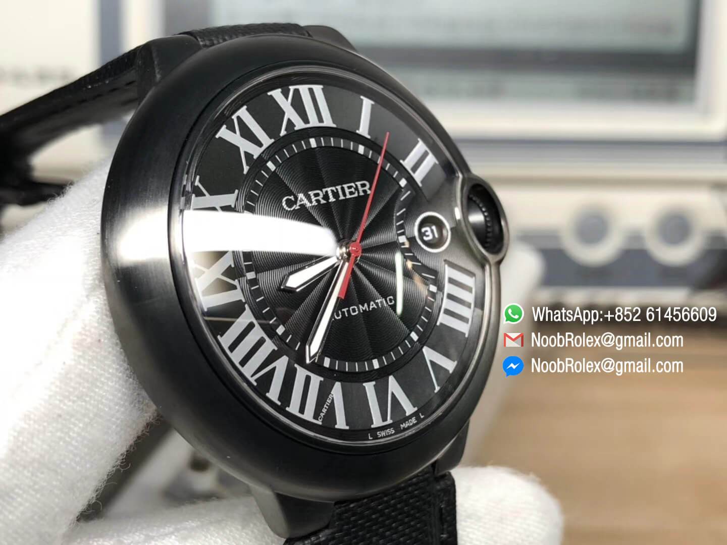 Ballon Bleu 42mm Watch WSBB0015 PVD Plated Case & Black Texture Dial Red Second hander on Black Nylon Strap A2892 AF Best Edition