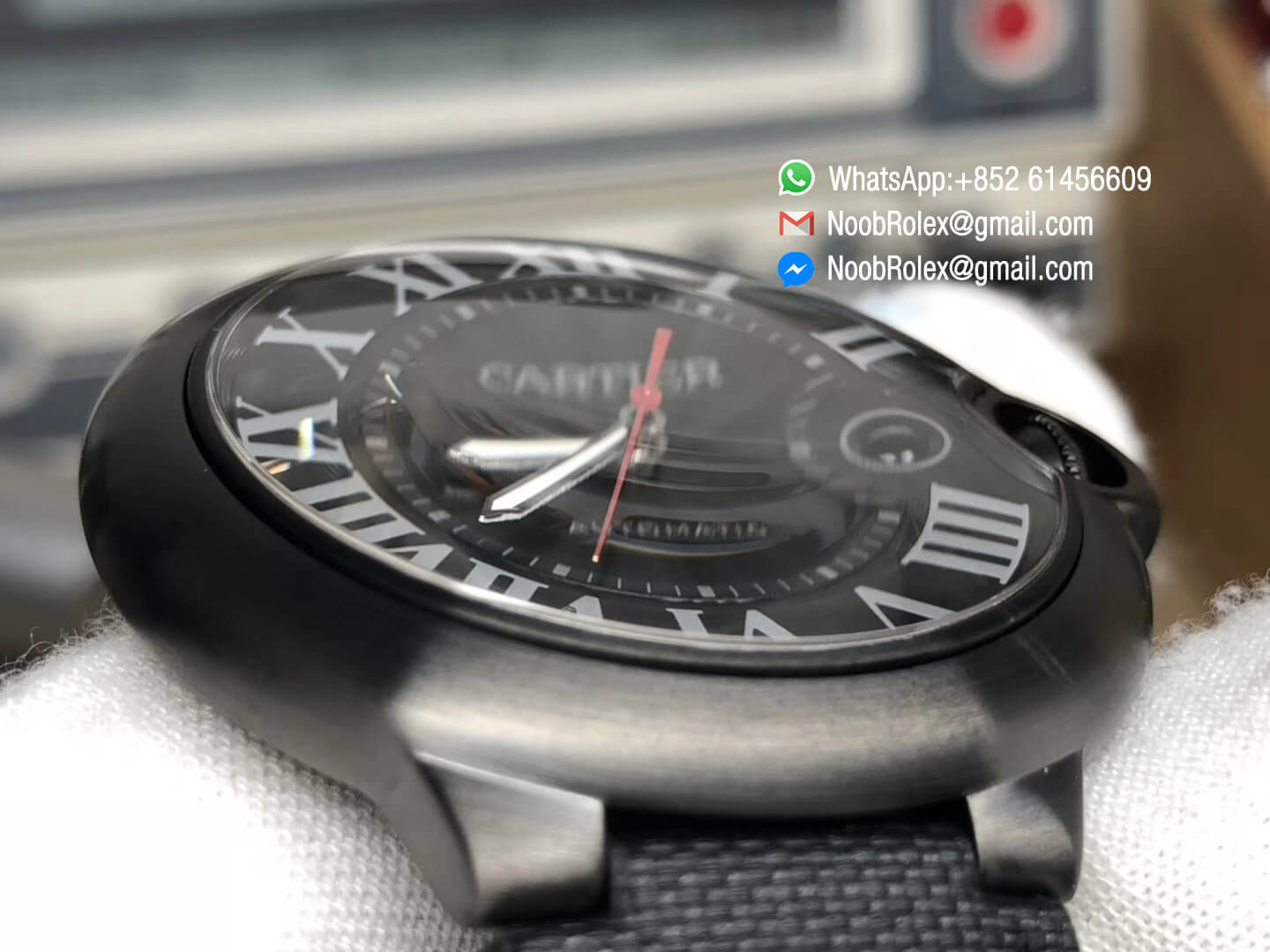 Ballon Bleu 42mm Watch WSBB0015 PVD Plated Case & Black Texture Dial Red Second hander on Black Nylon Strap A2892 AF Best Edition