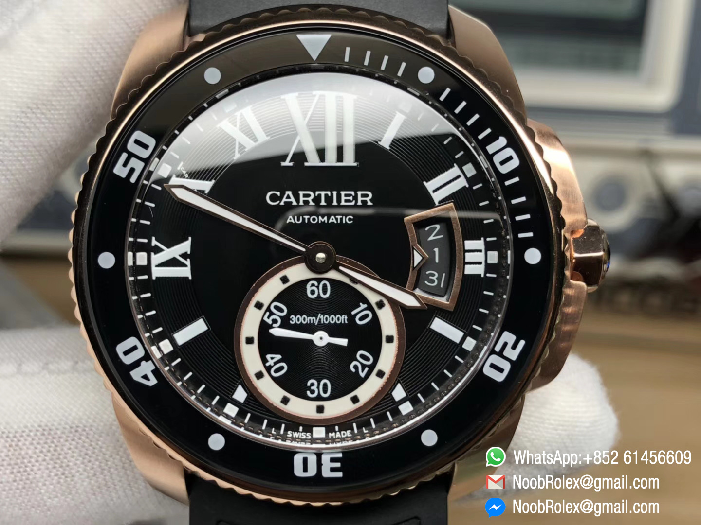 Calibre De Cartier Diver Watch W7100052 PVD Pink Gold Case Black Bezel Black Dial on Black Rubber Strap A23J JF Top Clone Quality