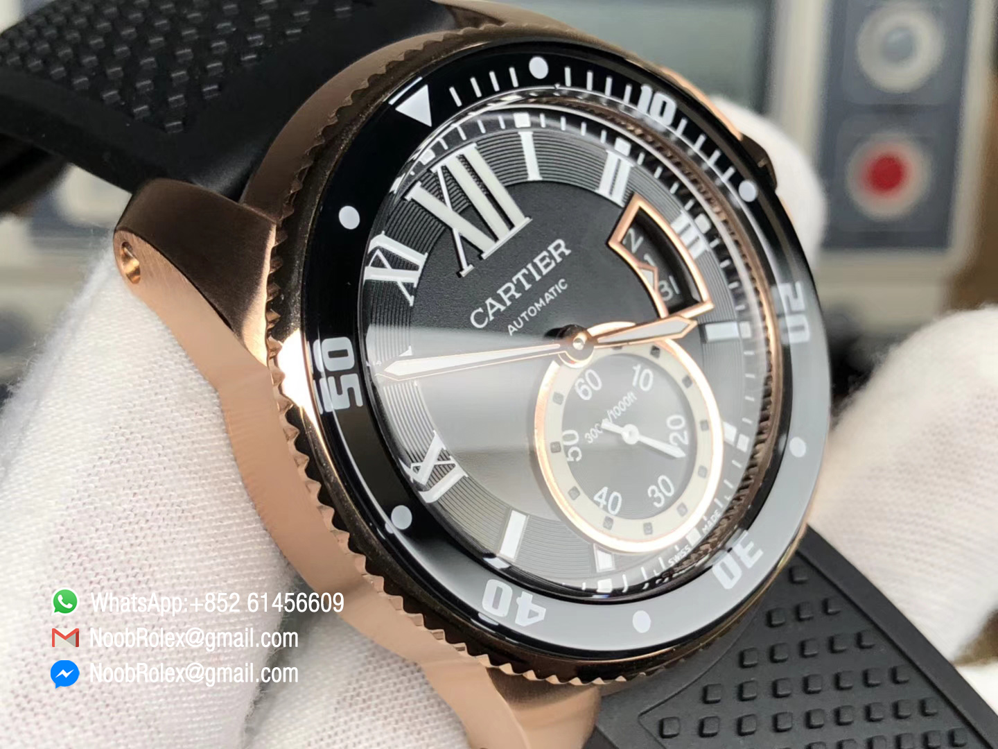 Calibre De Cartier Diver Watch W7100052 PVD Pink Gold Case Black Bezel Black Dial on Black Rubber Strap A23J JF Top Clone Quality