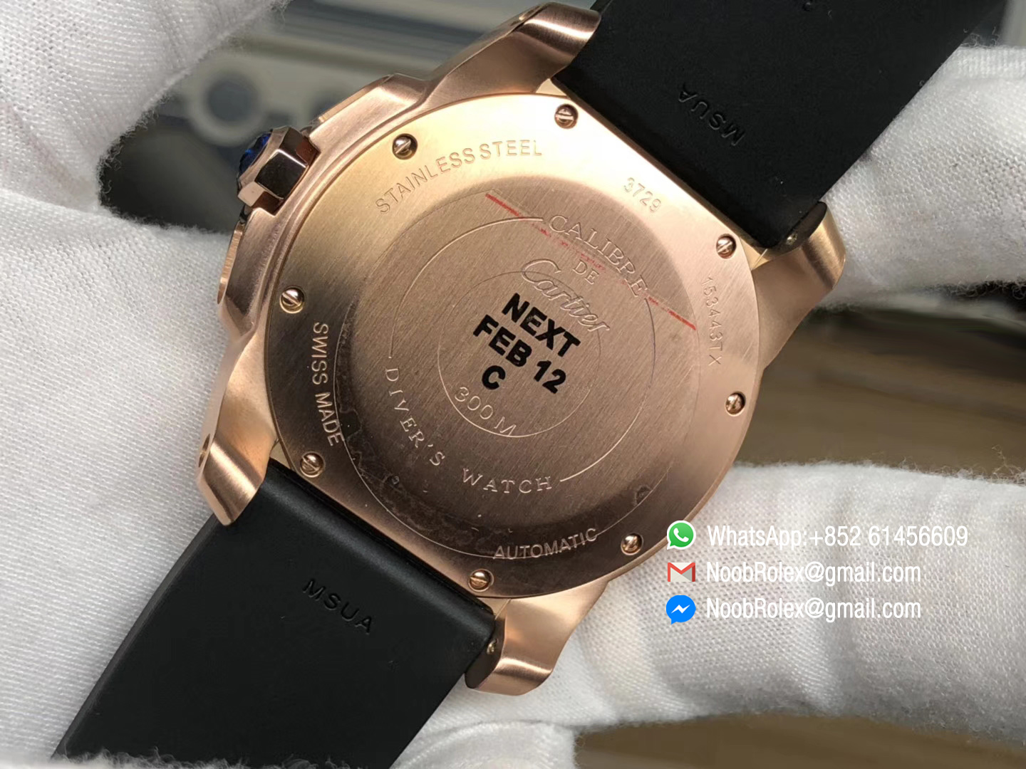 Calibre De Cartier Diver Watch W7100052 PVD Pink Gold Case Black Bezel Black Dial on Black Rubber Strap A23J JF Top Clone Quality