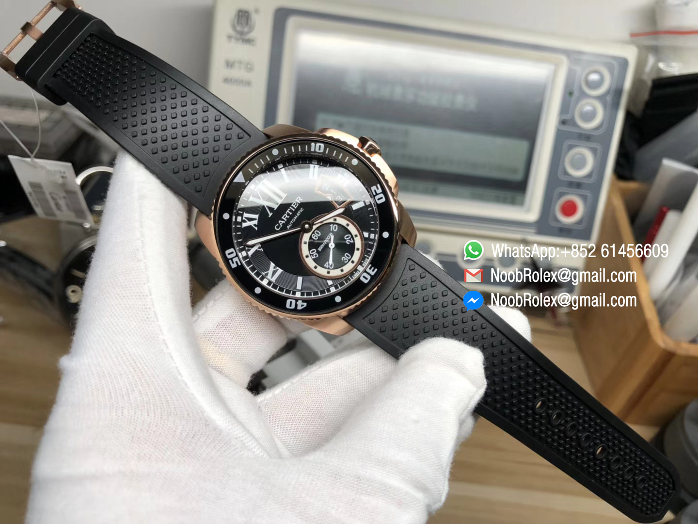 Calibre De Cartier Diver Watch W7100052 PVD Pink Gold Case Black Bezel Black Dial on Black Rubber Strap A23J JF Top Clone Quality