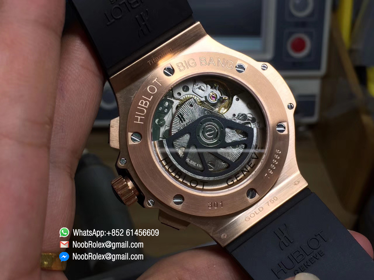 Hublot Big Bang Chrono Watch 44mm Black Dial Red Inner Marker Rose Gold Case & Bezel on Black Rubber Strap 1:1 Copy Quality