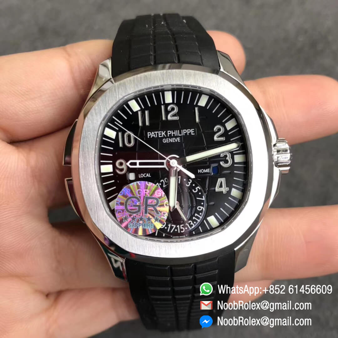Patek Philippe Aquanaut 5164A Stainless Steel Case Black Dial GMT Display on Black Rubber Strap A324 Movement GR Factory Best Clone Quality