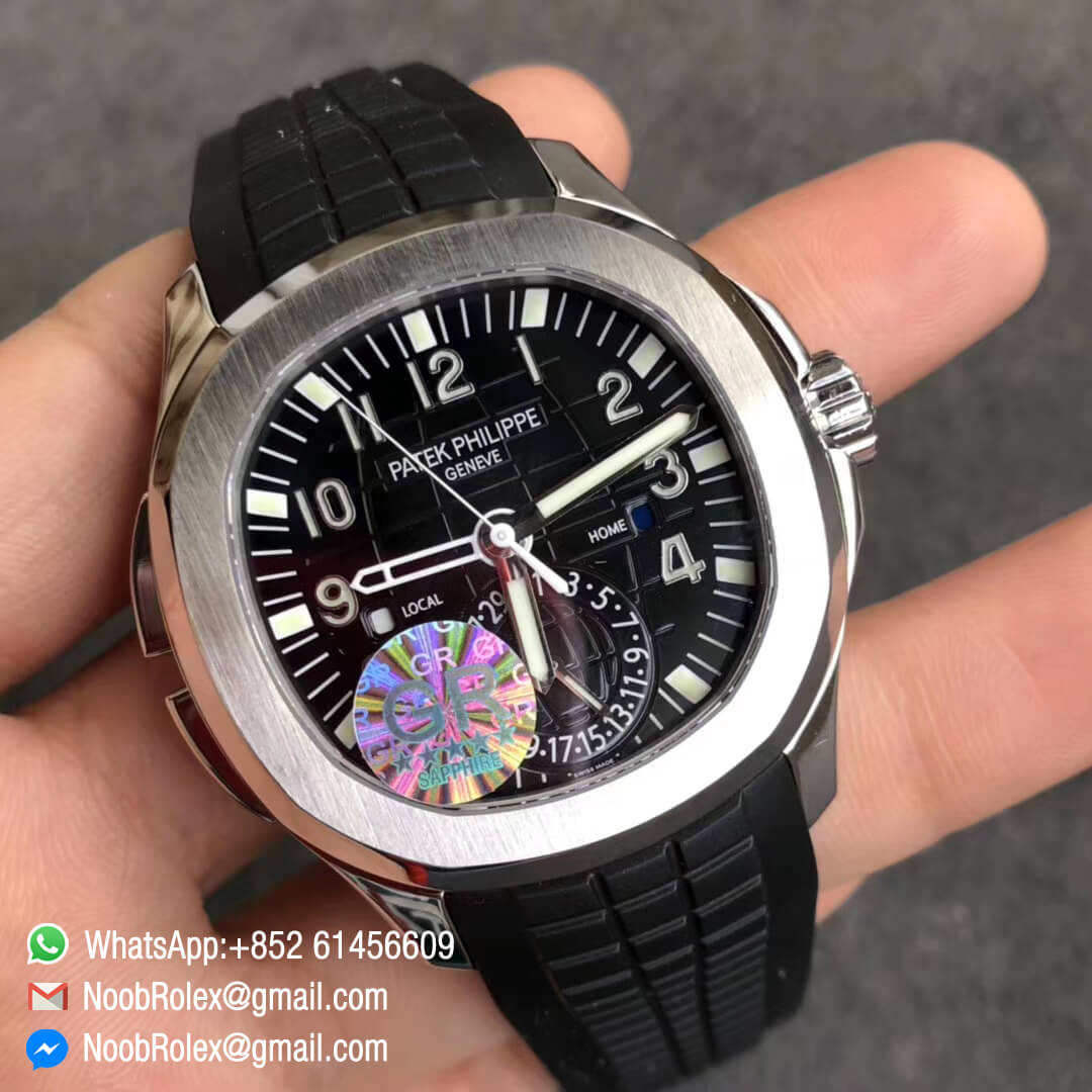 Patek Philippe Aquanaut 5164A Stainless Steel Case Black Dial GMT Display on Black Rubber Strap A324 Movement GR Factory Best Clone Quality