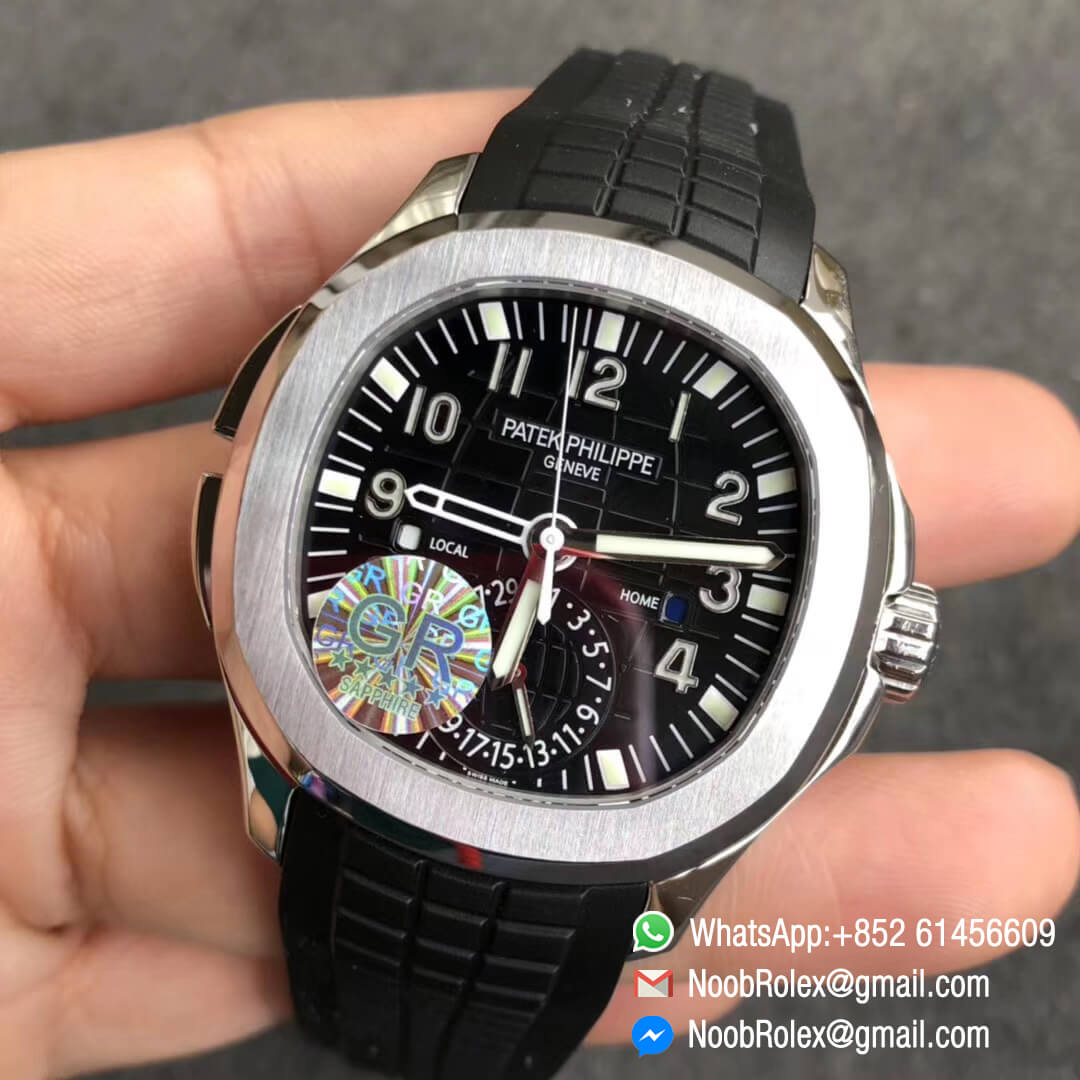 Patek Philippe Aquanaut 5164A Stainless Steel Case Black Dial GMT Display on Black Rubber Strap A324 Movement GR Factory Best Clone Quality